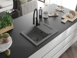 Mexen Enzo гранитна мивка с 1 отделение с отцедник и кухненски смесител Aster, сив - 6506-71-73450-70-B