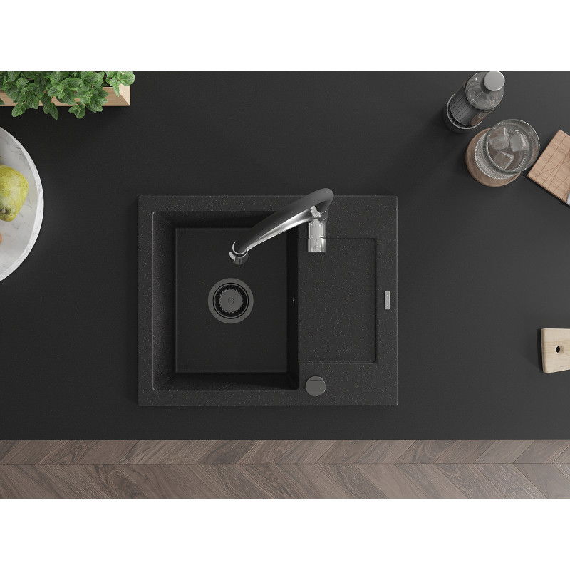 Mexen Enzo гранитна мивка с 1 отделение, с отцедник и кухненски смесител Aster, черен/сребърен металик - 6506-73-73450-07-B