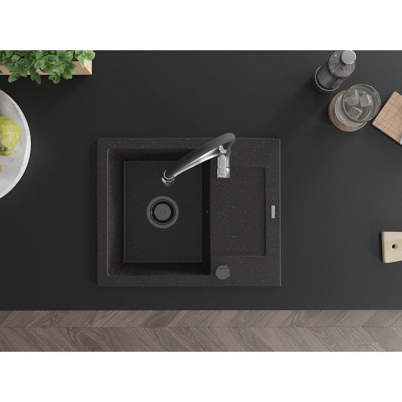 Mexen Enzo гранитна мивка с една камера с отцедник и кухненски смесител Aster, черен/златен металик - 6506-75-73450-07-B