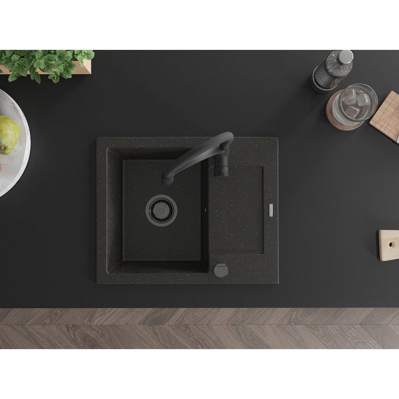 Mexen Enzo гранитна мивка с 1 гнездо с отцедник и кухненски смесител Aster, черно/златист металик - 6506-75-73450-70-B