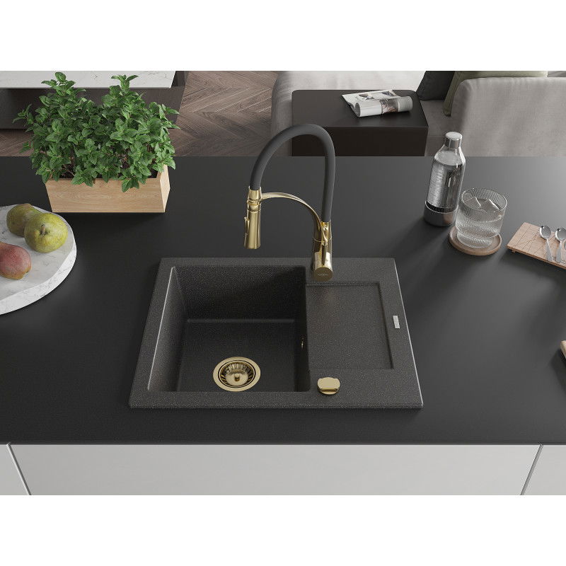 Mexen Enzo еднокамерен гранитен мивка с отцеждачка и кухненски смесител Aster, черно с петна - 6506-76-73450-57-G