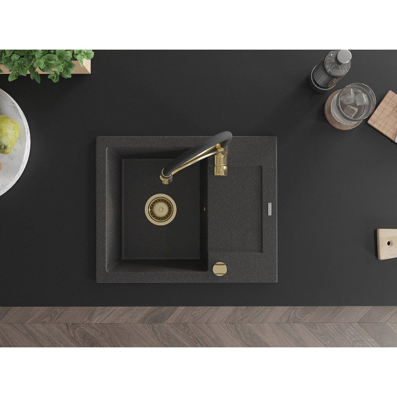 Mexen Enzo еднокамерен гранитен мивка с отцеждачка и кухненски смесител Aster, черно с петна - 6506-76-73450-57-G