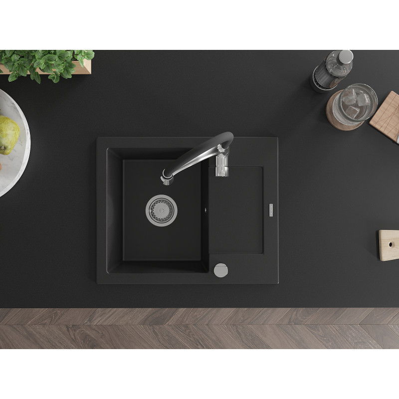 Mexen Enzo гранитна мивка с 1 отделение с оцедник и кухненски смесител Aster, черен - 6506-77-73450-07