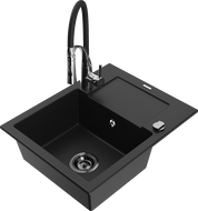 Mexen Enzo гранитна кухненска мивка с 1 отделение с отцедник и кухненски смесител Aster, черен - 6506-77-73450-07-B