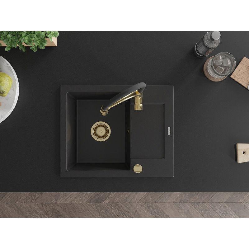 Mexen Enzo гранитна мивка с 1 отделение с отцедник и кухненски смесител Aster, черен - 6506-77-73450-57-G