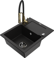 Mexen Enzo гранитна мивка с една камера, с отцеждач и кухненски смесител Aster, черен - 6506-77-73450-57-B