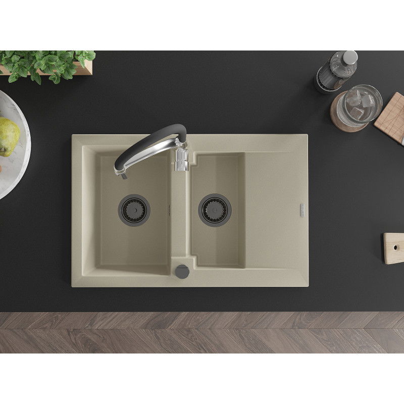 Mexen Gaspar гранитна кухненска мивка с 1,5 отделения, отцедник и кухненски смесител Aster, бежов - 6507-69-73450-07-B