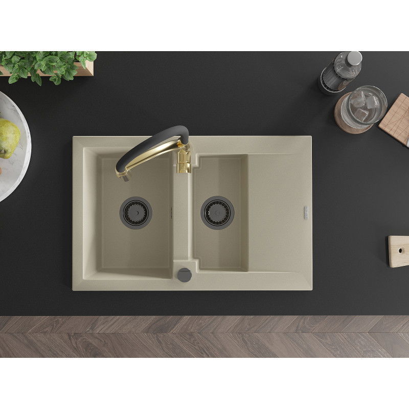 Mexen Gaspar гранитна мивка с 1,5 камери с отцедник и кухненски смесител Aster, бежов - 6507-69-73450-57-B