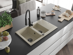 Mexen Gaspar гранитна мивка с 1,5 камери с отцедник и кухненски смесител Aster, бежов - 6507-69-73450-70-B