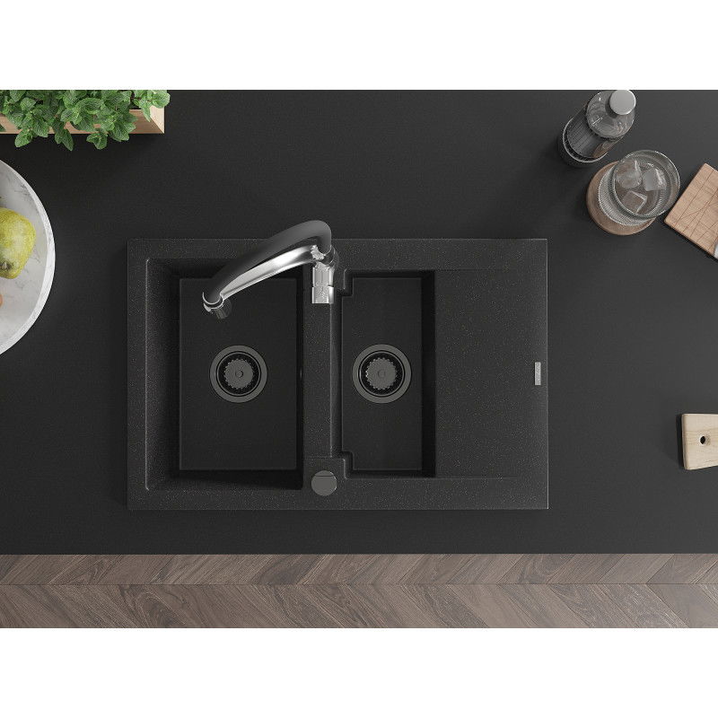 Mexen Gaspar мивка с 1,5 отделения, гранитна, с отцедник и кухненски смесител Aster, черна/сребърна - 6507-73-73450-07-B