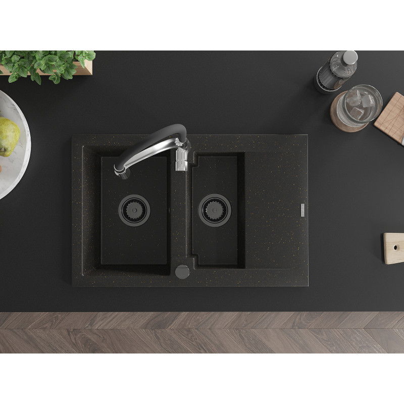 Mexen Gaspar гранитна мивка с 1,5 камери с оцедник и кухненски смесител Aster, черен/златен металик - 6507-75-73450-07-B