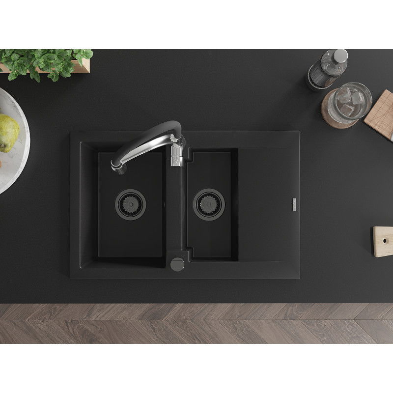 Mexen Gaspar гранитна мивка с 1,5 камери с отцедник и кухненски смесител Aster, черен - 6507-77-73450-07-B
