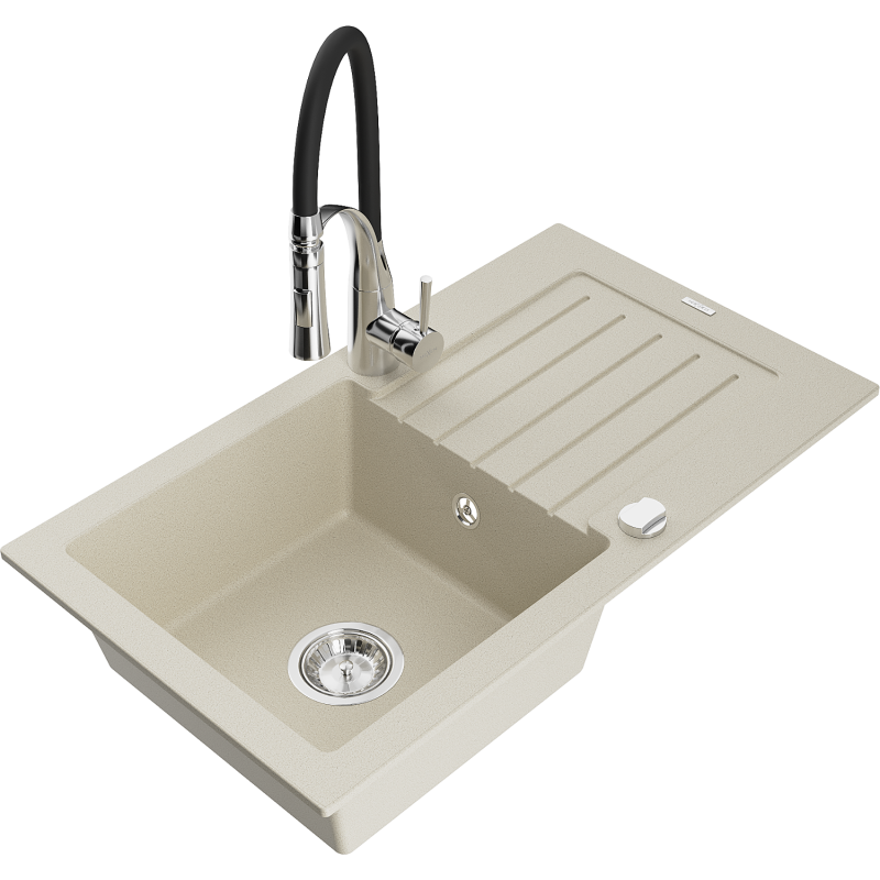 Mexen Pablo гранитна кухненска мивка с 1 корито с отцедник и кухненски смесител Aster, бежов - 6510-69-73450-07
