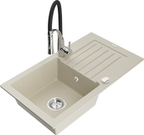 Mexen Pablo гранитна кухненска мивка с 1 корито с отцедник и кухненски смесител Aster, бежов - 6510-69-73450-07