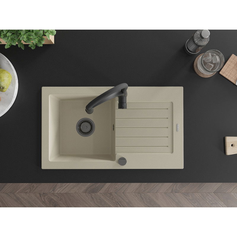 Mexen Pablo гранитна мивка с 1 отделение с капков вана и кухненски кран Aster, бежов - 6510-69-73450-70-B