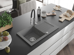 Mexen Pablo мивка гранитна 1-камерна с изцедник и кухненски смесител Aster, сива - 6510-71-73450-07