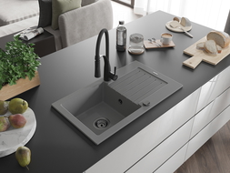 Mexen Pablo гранитна мивка 1-коморна с отцедник и кухненски смесител Aster, сив - 6510-71-73450-70-B