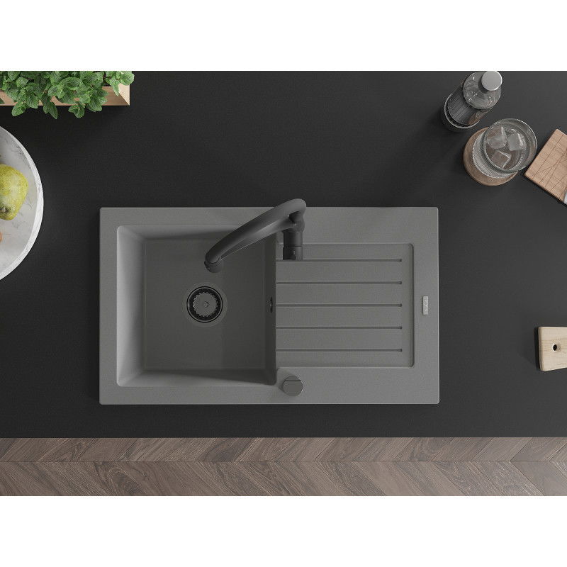 Mexen Pablo гранитна мивка 1-коморна с отцедник и кухненски смесител Aster, сив - 6510-71-73450-70-B