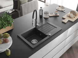Mexen Pablo гранитна мивка с 1 камера с отцедник и кухненски смесител Aster, черен накрапчан - 6510-76-73450-07