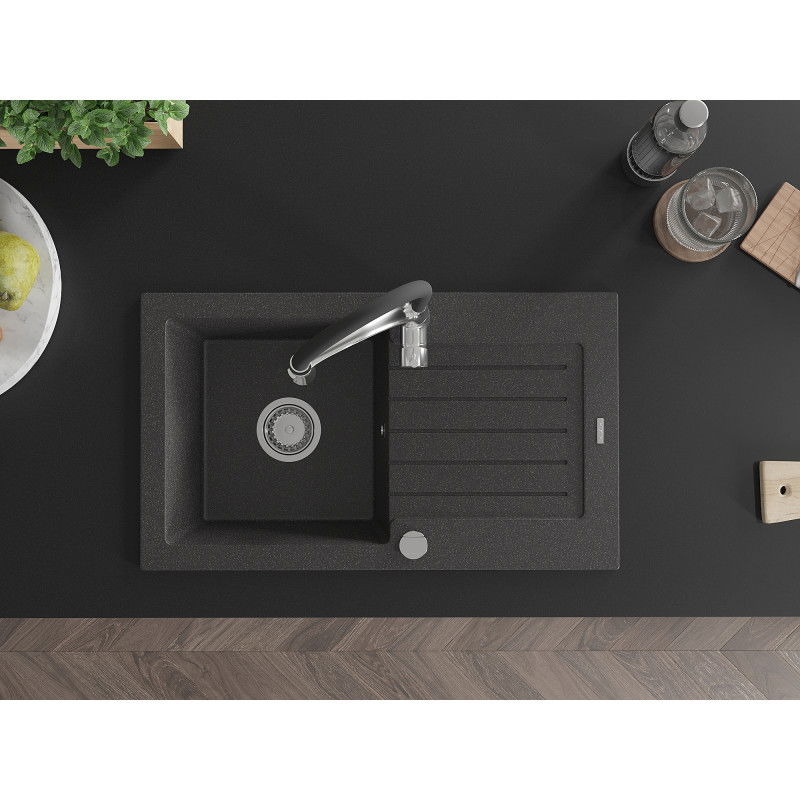 Mexen Pablo гранитна мивка с 1 камера с отцедник и кухненски смесител Aster, черен накрапчан - 6510-76-73450-07
