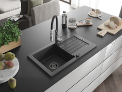 Mexen Pablo гранитна мивка с 1 корито с отцедник и кухненски смесител Aster, черен напукан - 6510-76-73450-07-B