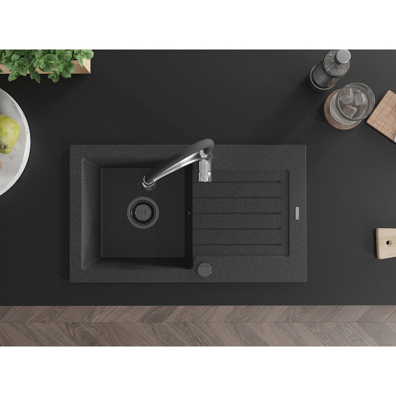 Mexen Pablo гранитна мивка с 1 корито с отцедник и кухненски смесител Aster, черен напукан - 6510-76-73450-07-B