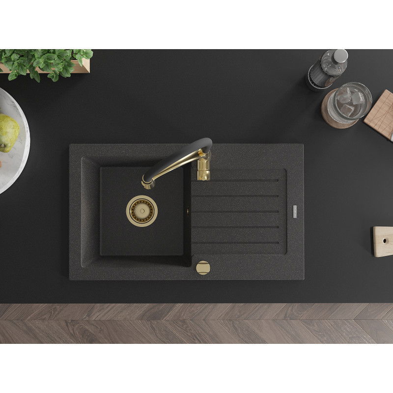Mexen Pablo гранитна мивка с 1 гнездо и отцедник и кухненски смесител Aster, черен на точки - 6510-76-73450-57-G