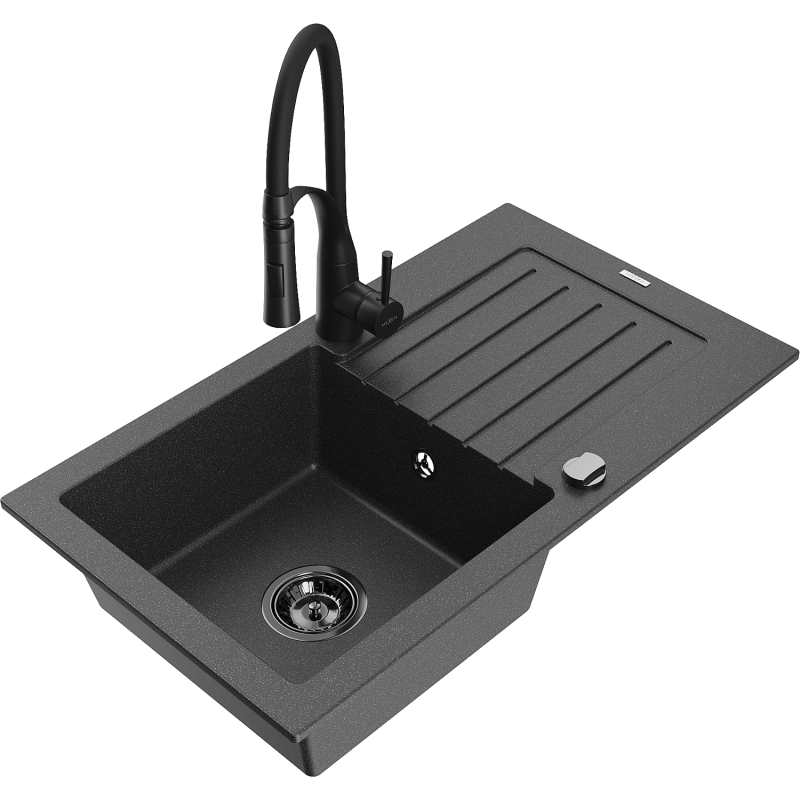 Mexen Pablo еднокамерен гранитен мивка с отцедник и кухненски смесител Aster, черен на пръски - 6510-76-73450-70-B