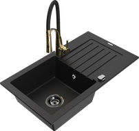 Mexen Pablo гранитна мивка с една камера с отцедник и кухненски смесител Aster, черен - 6510-77-73450-57-B
