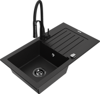 Mexen Pablo гранитна кухненска мивка с 1 гнездо, сушилник и кухненски смесител Aster, черен - 6510-77-73450-70-B