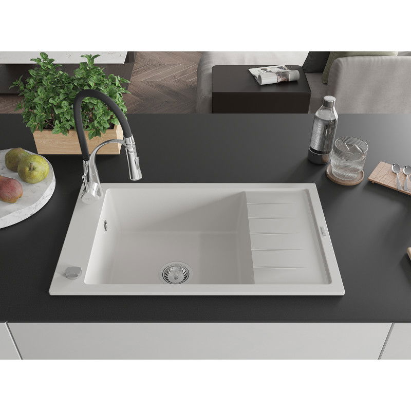Mexen Elias кухненска мивка гранитна 1-камерна с отцедник и кухненски смесител Aster, бяла - 6511-20-73450-07