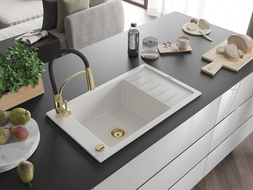 Mexen Elias гранитна мивка с една камера с отцедник и кухненски смесител Aster, бял - 6511-20-73450-57-G