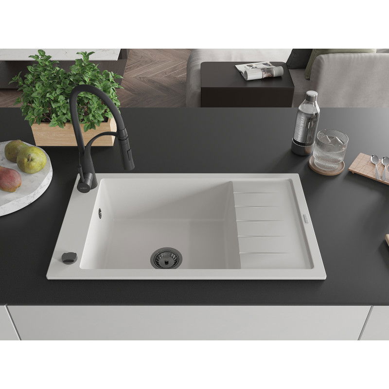 Mexen Elias гранитна мивка с 1 отделение с капак и кухненски смесител Aster, бял - 6511-20-73450-70-B
