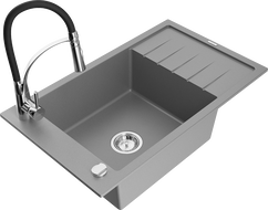Mexen Elias еднокоморна гранитна кухненска мивка с отцедник и кухненски смесител Aster, сив - 6511-71-73450-07
