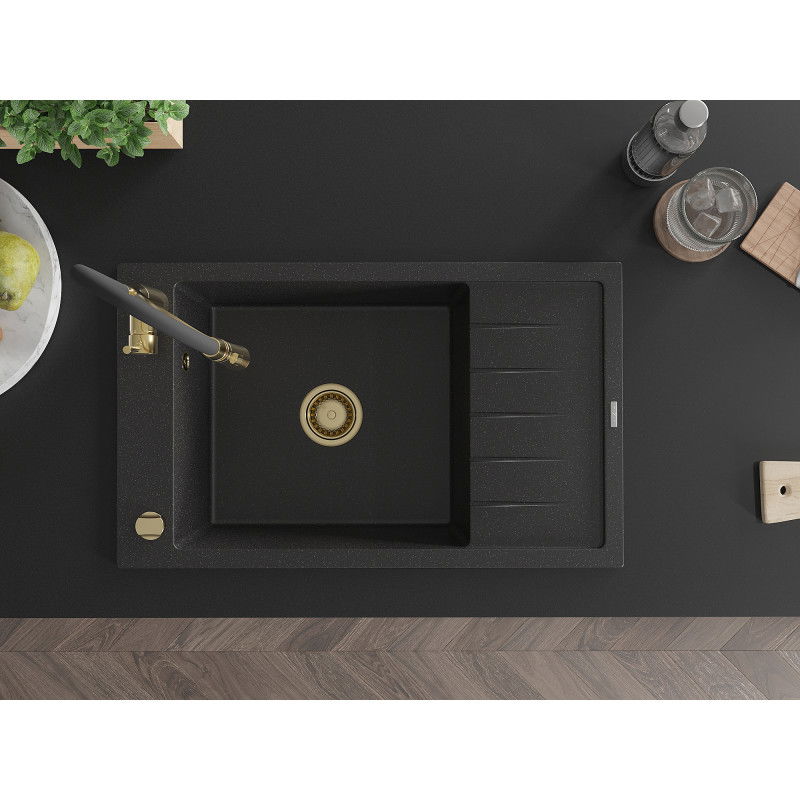 Mexen Elias гранитна мивка с 1 отделение с отцедник и кухненски смесител Aster, черен/сребрист металик - 6511-73-73450-57-G