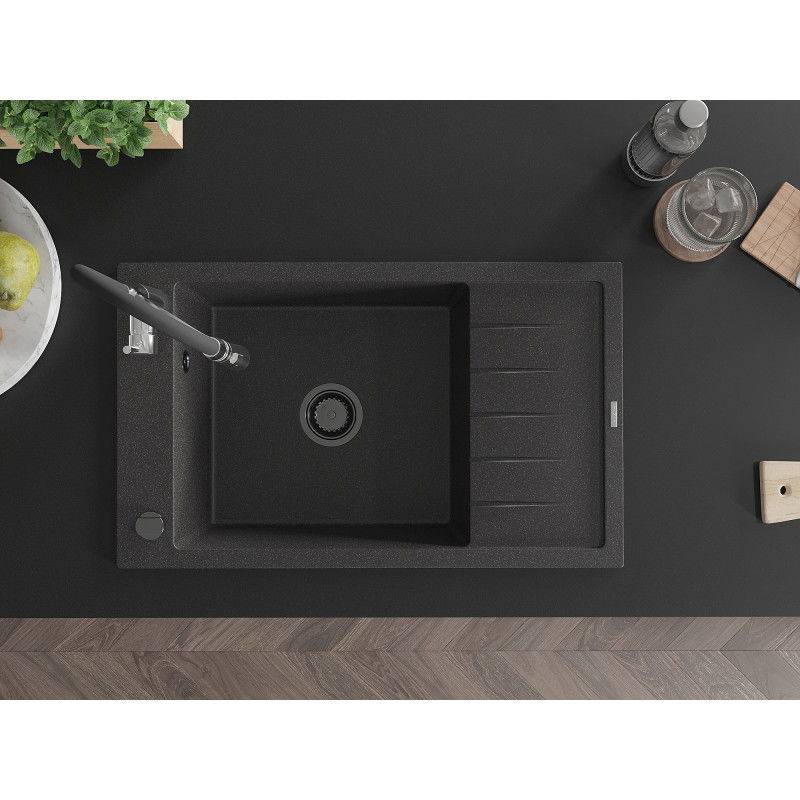Mexen Elias мивка от гранит, еднокамерна с отцеждач и кухненски смесител Aster, черен на пръски - 6511-76-73450-07-B