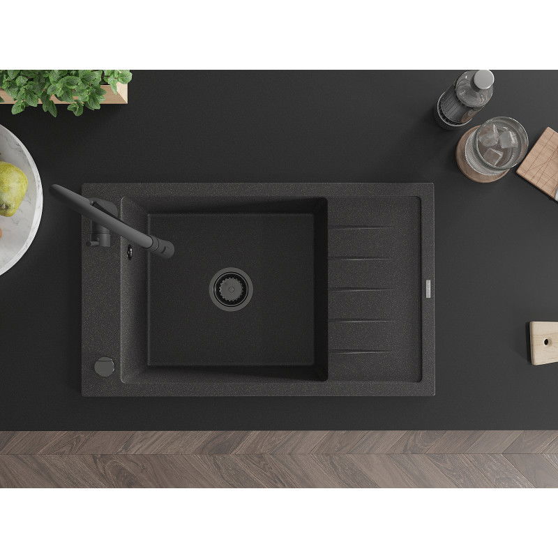 Mexen Elias гранитна мивка с 1 отделение, отцедник и кухненски смесител Aster, черно на пръски - 6511-76-73450-70-B