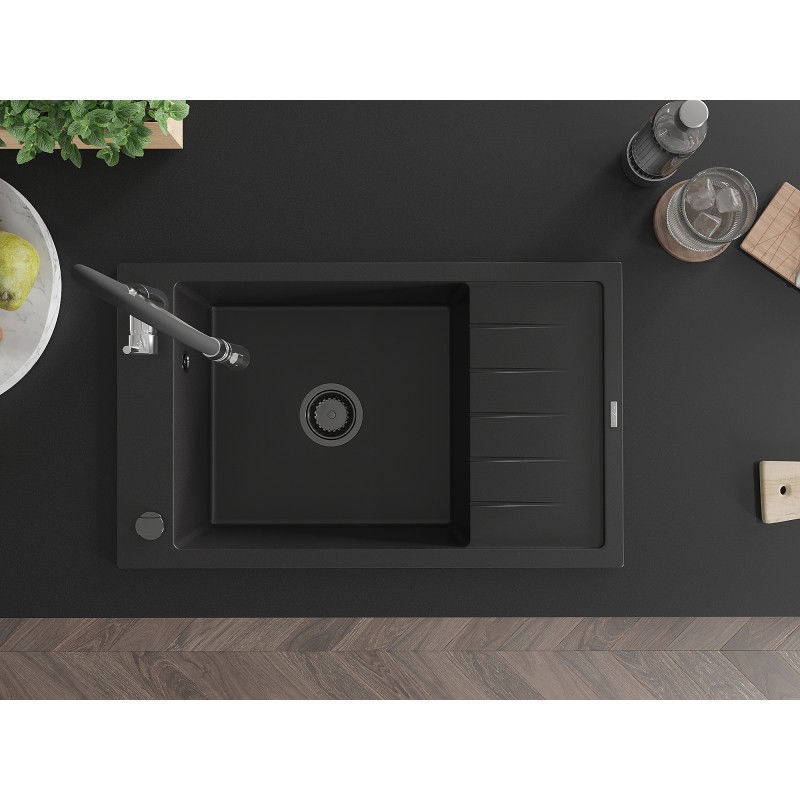 Mexen Elias гранитна мивка с 1 отделение с отцедник и кухненски смесител Aster, черен - 6511-77-73450-07-B