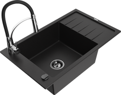 Mexen Elias гранитна мивка с 1 отделение с отцедник и кухненски смесител Aster, черен - 6511-77-73450-07-B