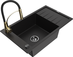 Mexen Elias гранитна мивка с 1 корито с отцедник и кухненски смесител Aster, черен - 6511-77-73450-57-B