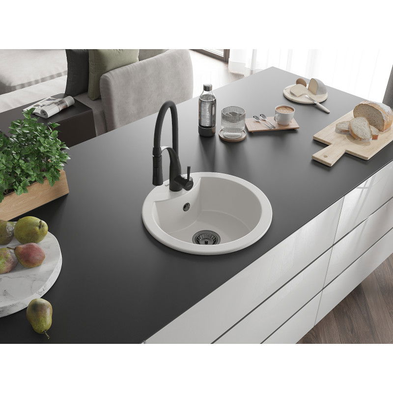 Mexen Diego гранитна мивка с 1 камера с кухненски смесител Aster, бял - 6512-20-73450-70-B