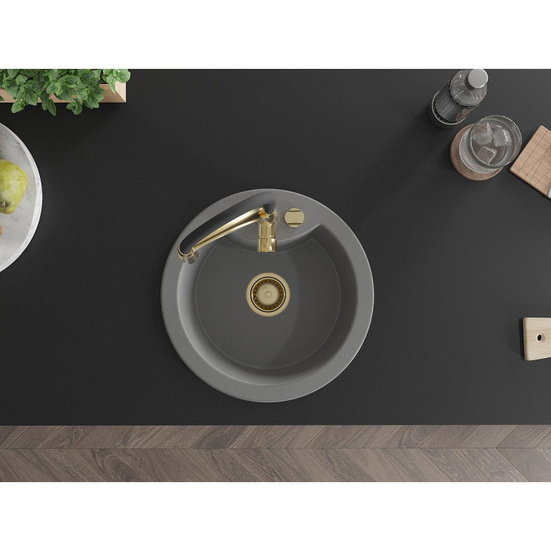 Mexen Diego гранитна кухненска мивка с едно корито с кухненски смесител Aster, сива - 6512-71-73450-57-G