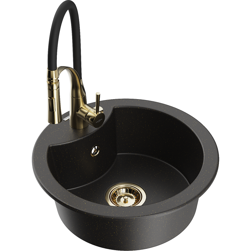 Mexen Diego гранитна единична мивка с кухненски смесител Aster, черен/златист