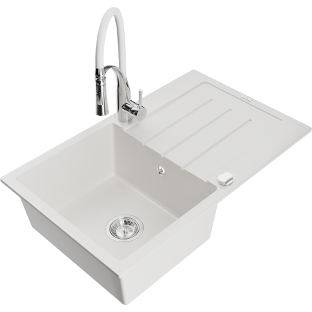 Mexen Bruno гранитна мивка 1-камерна с отцедник и кухненски смесител Aster, бял - 6513-20-73450-02
