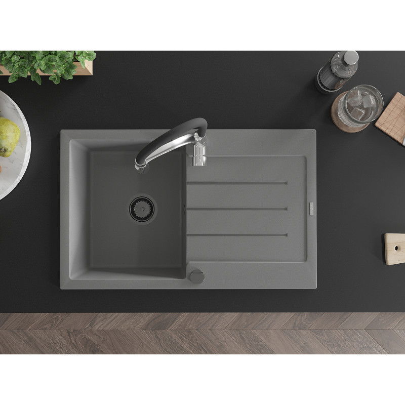 Mexen Bruno еднокоморна гранитна мивка със сушилник и кухненски смесител Aster, сив - 6513-71-73450-07-B