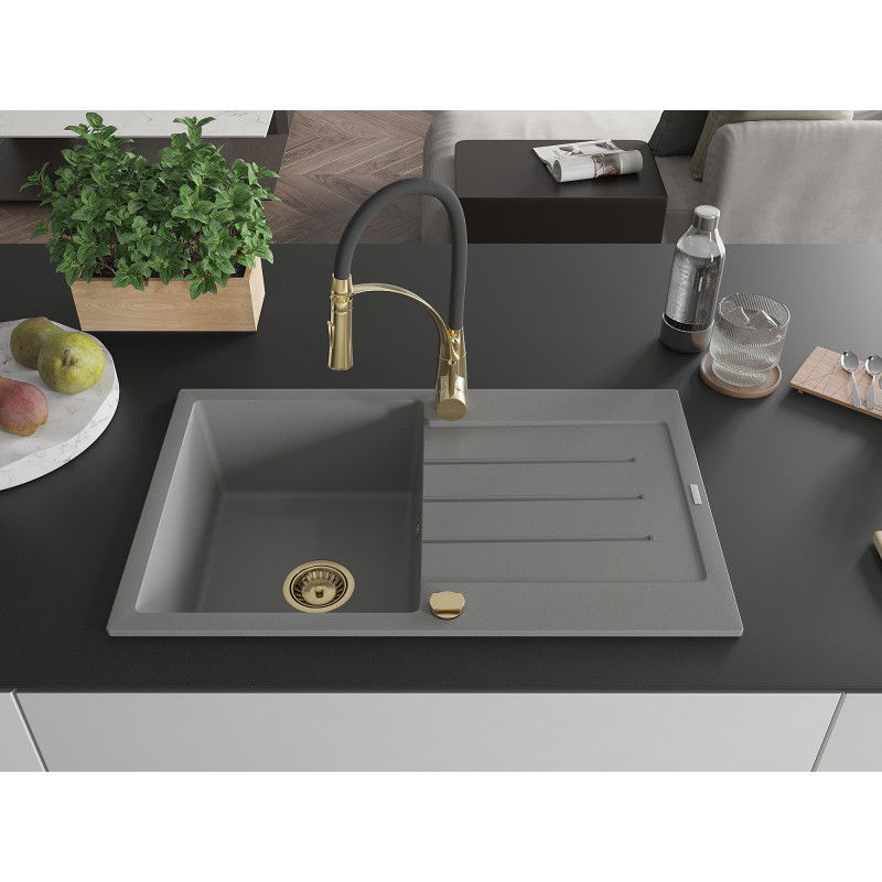 Mexen Bruno гранитна мивка с 1 отделение с отцедник и кухненски смесител Aster, сив - 6513-71-73450-57-G