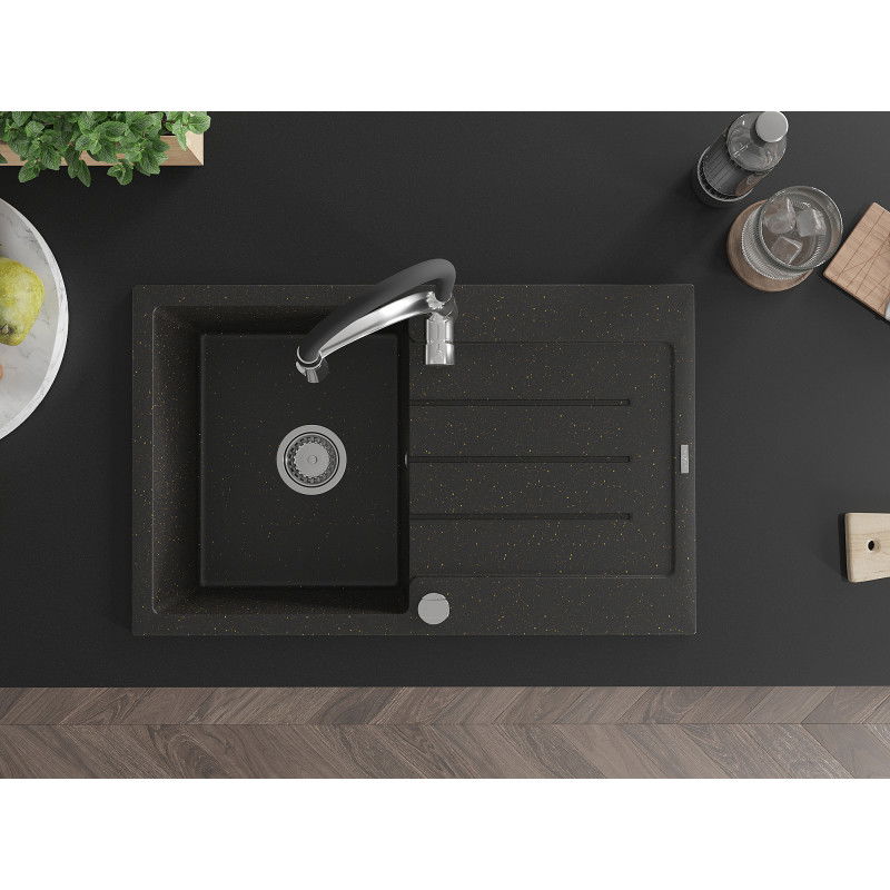 Mexen Bruno гранитна мивка с 1 корито и отцедник и кухненски смесител Aster, черен/златен металик - 6513-75-73450-07
