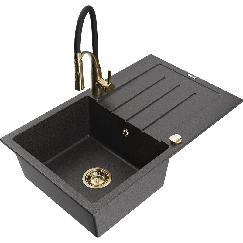 Mexen Bruno гранитна мивка с 1 камера с отцедник и кухненски смесител Aster,