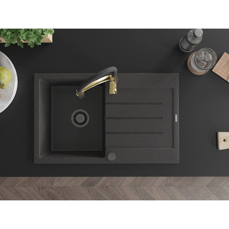 Mexen Bruno гранитна мивка с 1 отделение с отцедник и кухненски смесител Aster, черен на петна - 6513-76-73450-57-B