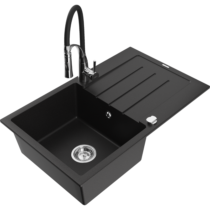 Mexen Bruno гранитна кухненска мивка с 1 корито и отцедник и кухненски смесител Aster, черен - 6513-77-73450-07